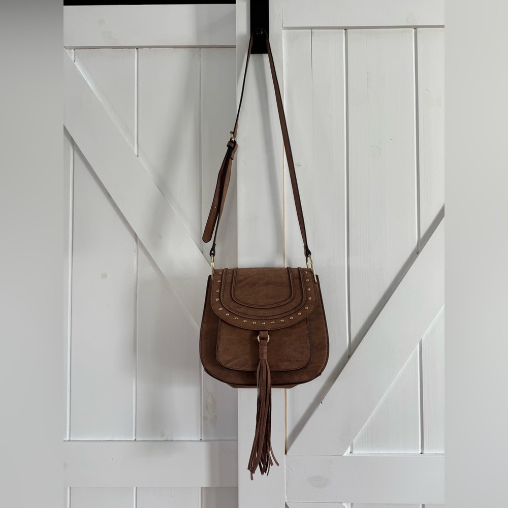 Franco Sarto Vegan Leather Suede Saddle Brown Crossbody Bag